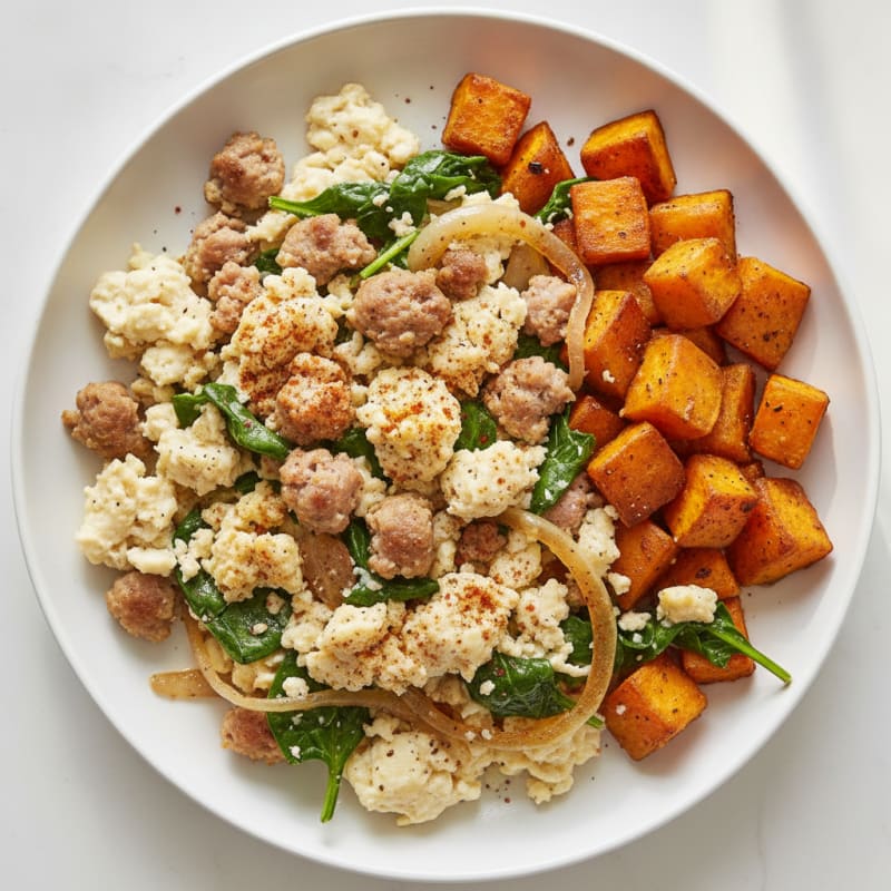 Egg White and Turkey Sausage Scramble with Roasted Sweet Potatoes