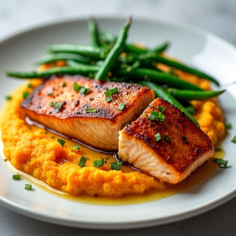Seared Salmon with Garlic Green Beans and Sweet Potato Mash
