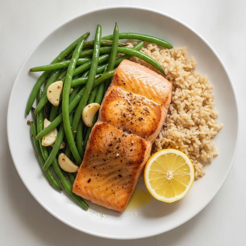Seared Salmon Fillet with Garlic Green Beans and Brown Rice