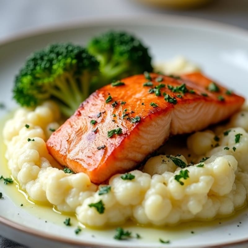 Seared Salmon with Roasted Broccoli and Garlic Mashed Cauliflower