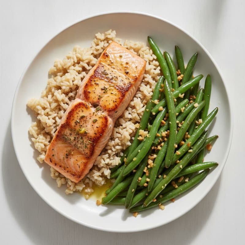 Seared Salmon Fillet with Garlic Green Beans and Brown Rice