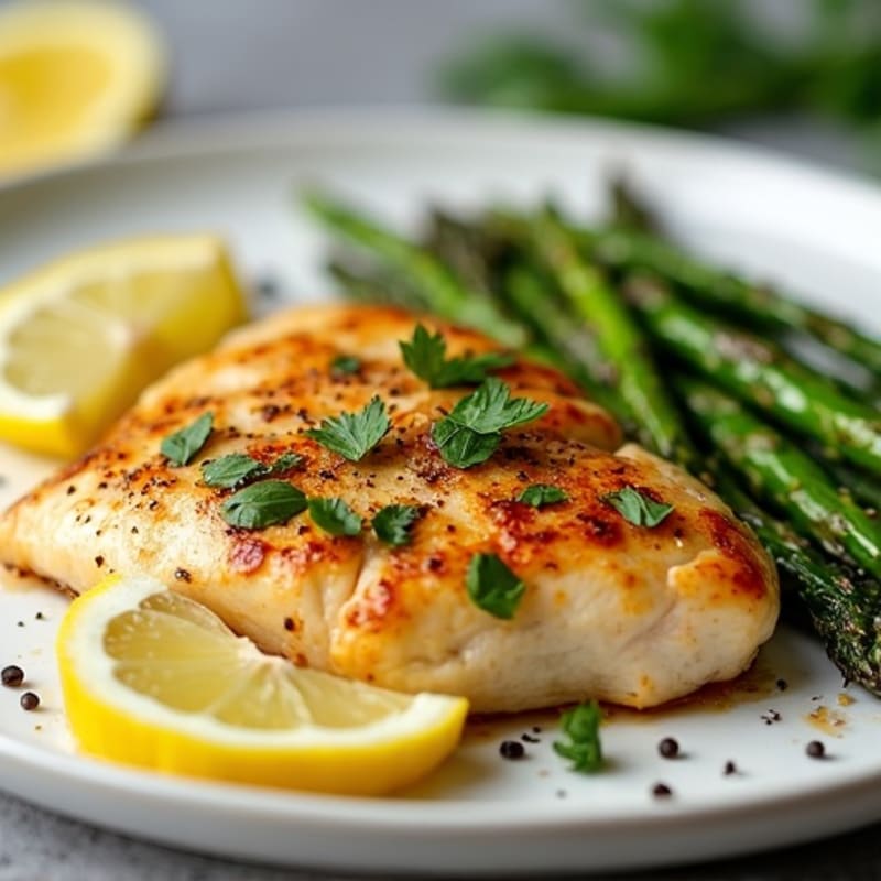 Lemon Garlic Pan Seared Chicken with Roasted Asparagus