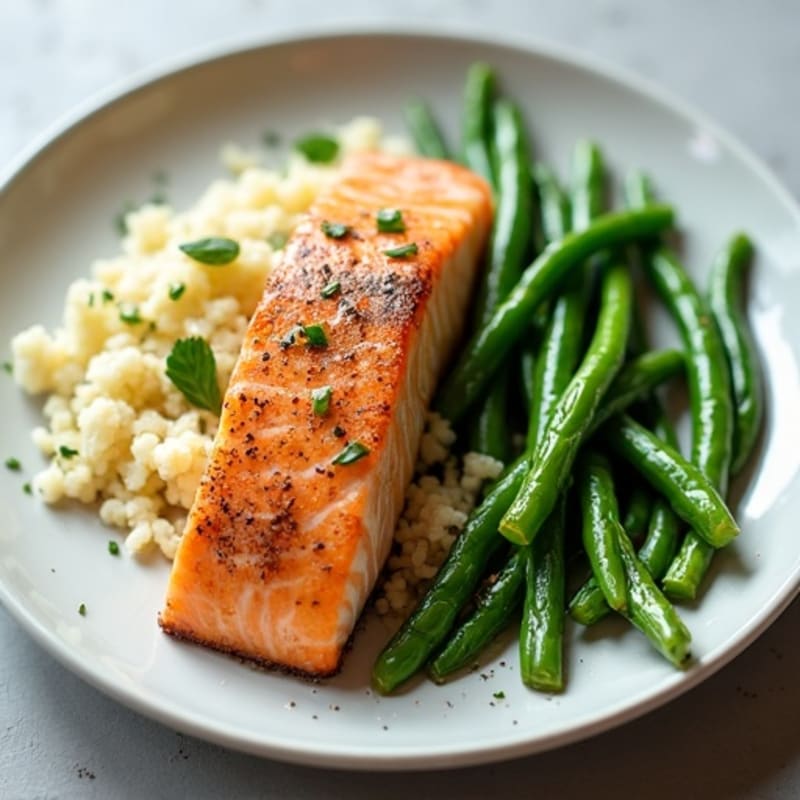 Seared Salmon with Garlic Green Beans and Cauliflower Rice
