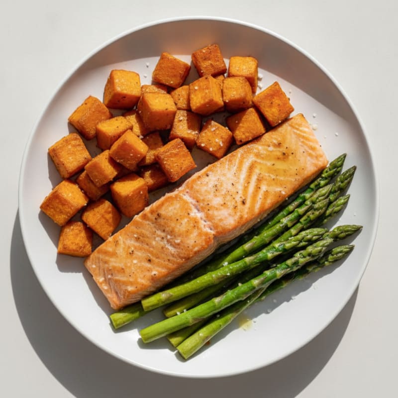 Seared Salmon Fillet with Roasted Sweet Potato and Asparagus