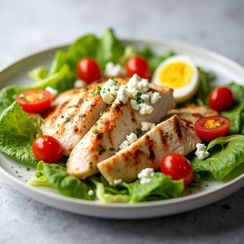 Grilled Chicken Salad with Crunchy Romaine, Cherry Tomatoes, and Lemon Vinaigrette