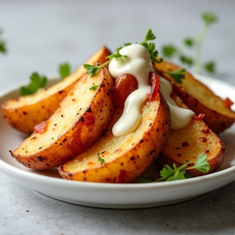 Crispy Roasted Potato Wedges with Smoky Bacon and Creamy Cheesy Drizzle