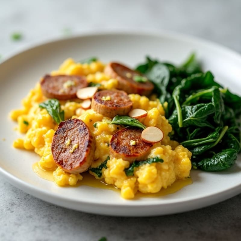 Egg White and Turkey Sausage Scramble with Sautéed Spinach