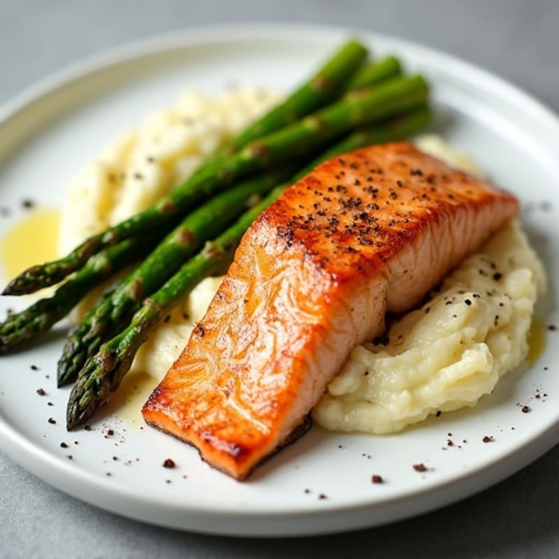 Seared Salmon with Steamed Asparagus and Cauliflower Mash