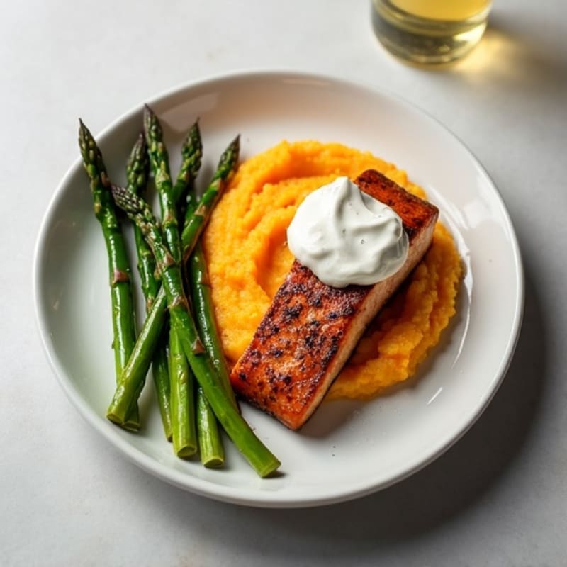 Seared Salmon with Steamed Asparagus and Mashed Sweet Potatoes
