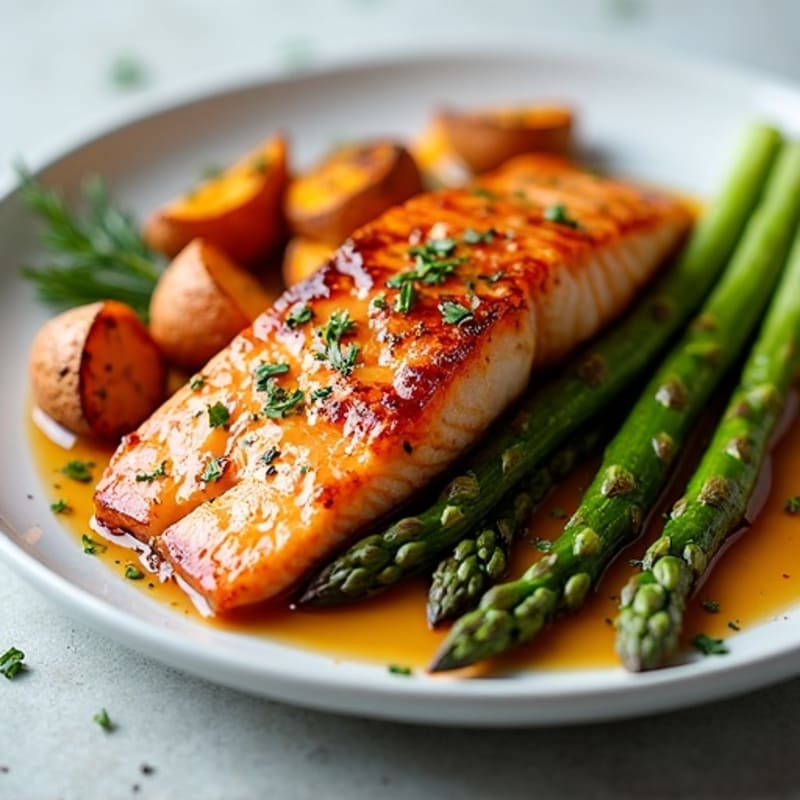 Sheet Pan Crispy Maple Glazed Salmon with Roasted Asparagus and Sweet Potatoes