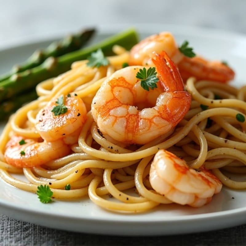 Pan-Seared Garlic Butter Shrimp with Whole Wheat Linguine and Roasted Asparagus