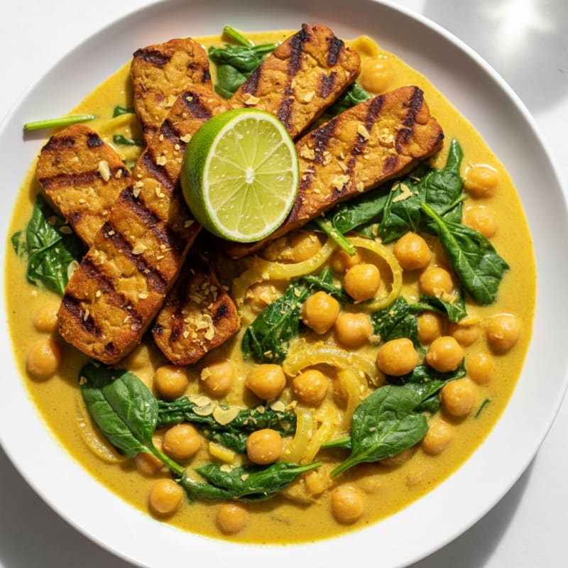 Silky Chickpea and Spinach Curry with Grilled Tempeh