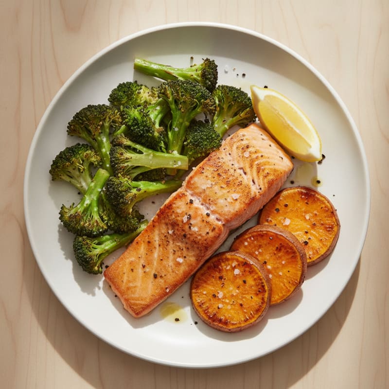 Seared Salmon with Roasted Broccoli and Sweet Potato