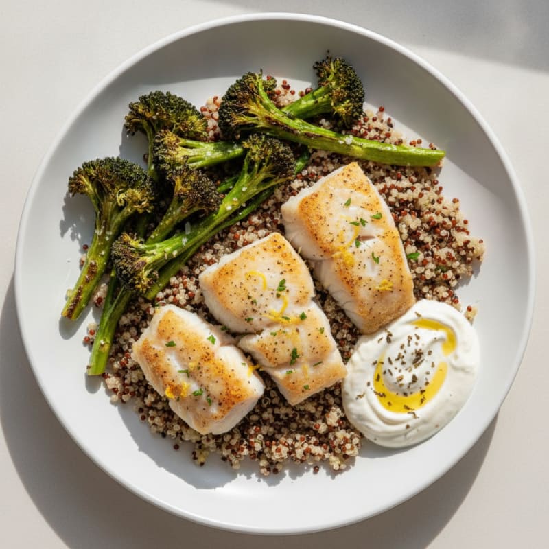 Baked Fish Filets with Roasted Broccoli and Quinoa