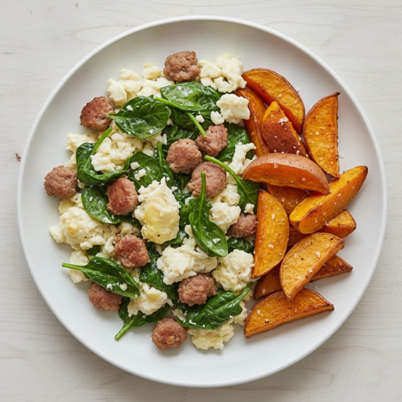 Egg White and Turkey Sausage Scramble with Spinach and Roasted Sweet Potatoes