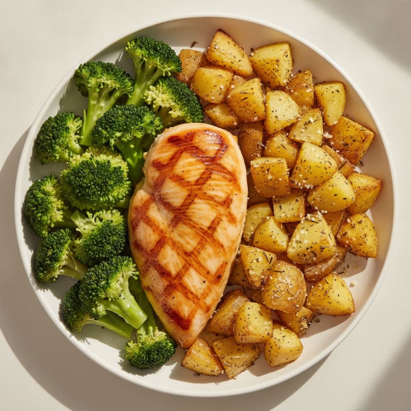 Grilled Chicken Breast with Steamed Broccoli and Herb-Roasted Potatoes