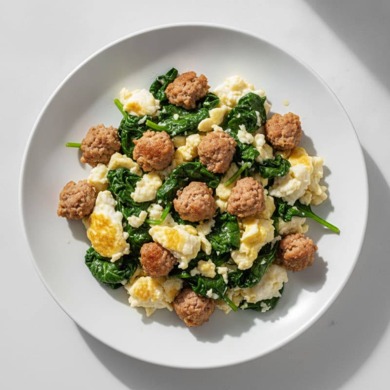 Egg White Scramble with Turkey Sausage and Sautéed Spinach