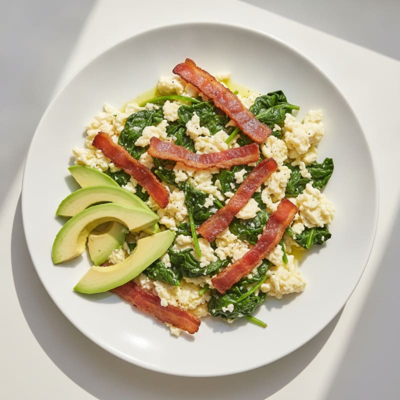 Crispy Turkey Bacon Egg White Scramble with Sautéed Spinach