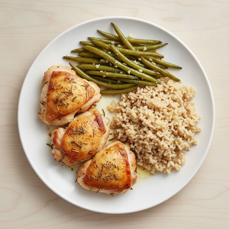Herb-Roasted Chicken Thighs with Garlic Green Beans and Brown Rice