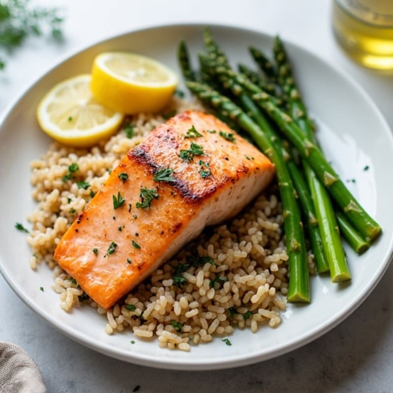 Seared Salmon with Steamed Asparagus and Herbed Brown Rice