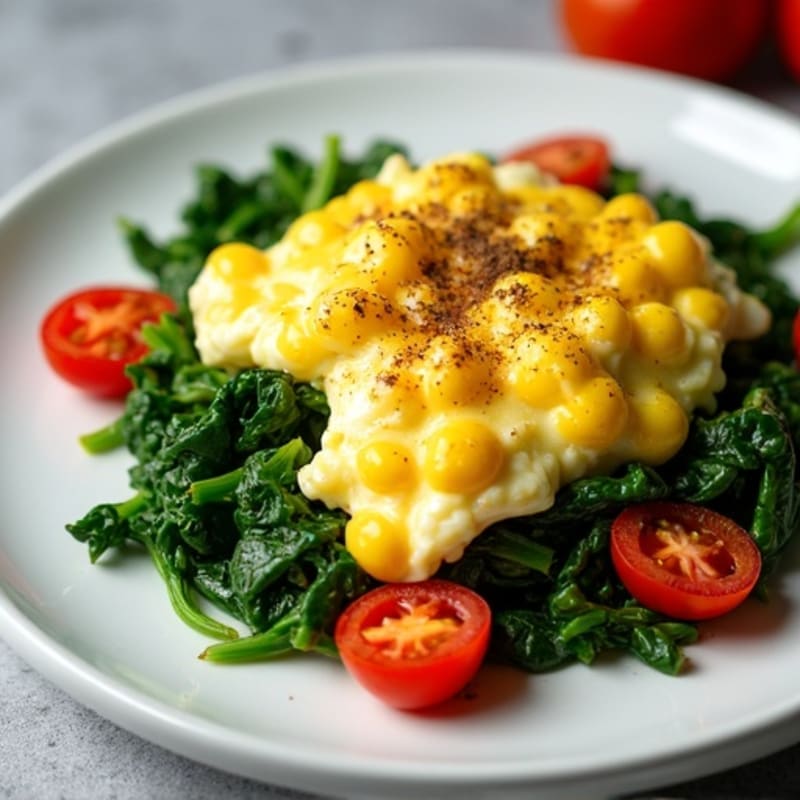 Fluffy Scrambled Eggs with Sautéed Greens and Cherry Tomatoes