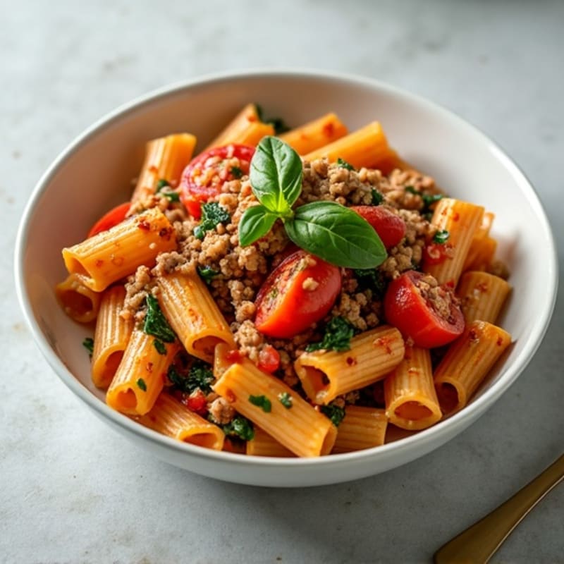 Lean Ground Turkey and Spinach Pasta with Fresh Tomato Sauce