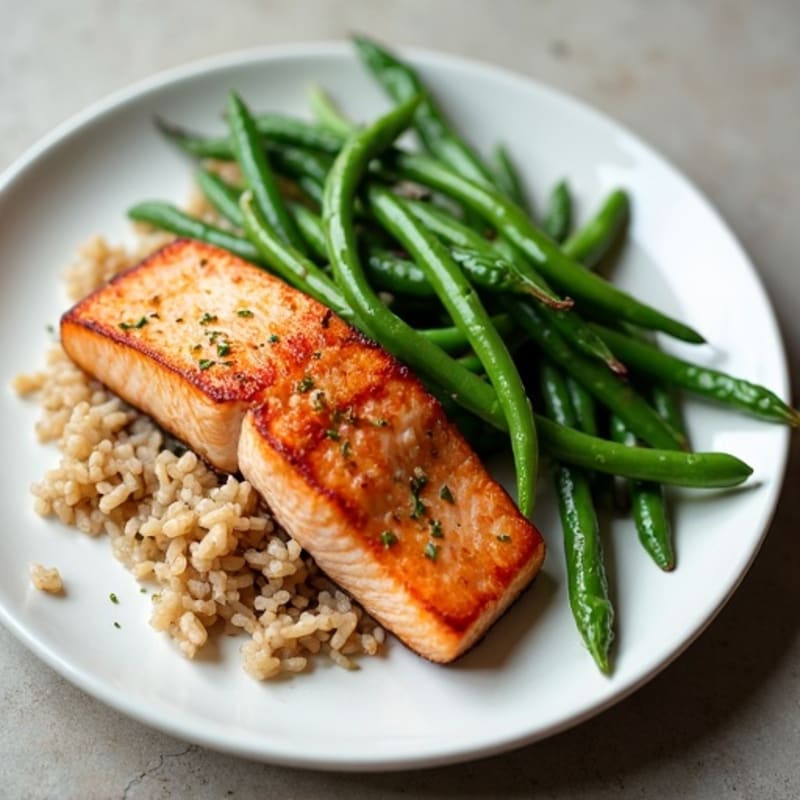 Seared Salmon Filet with Garlic Green Beans and Brown Rice
