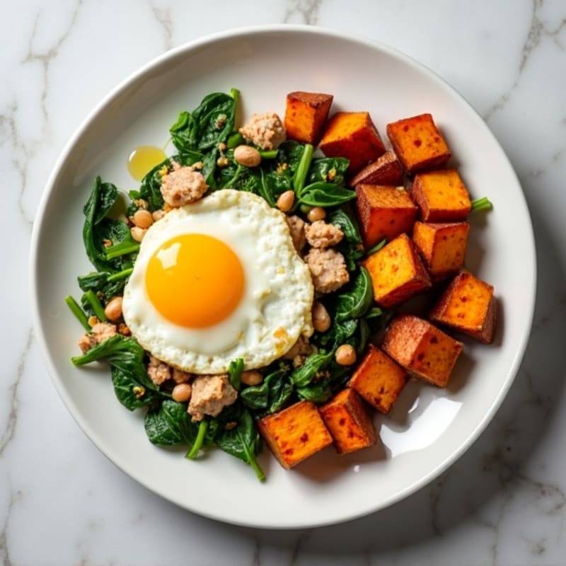 Egg White and Turkey Spinach Scramble with Roasted Sweet Potato