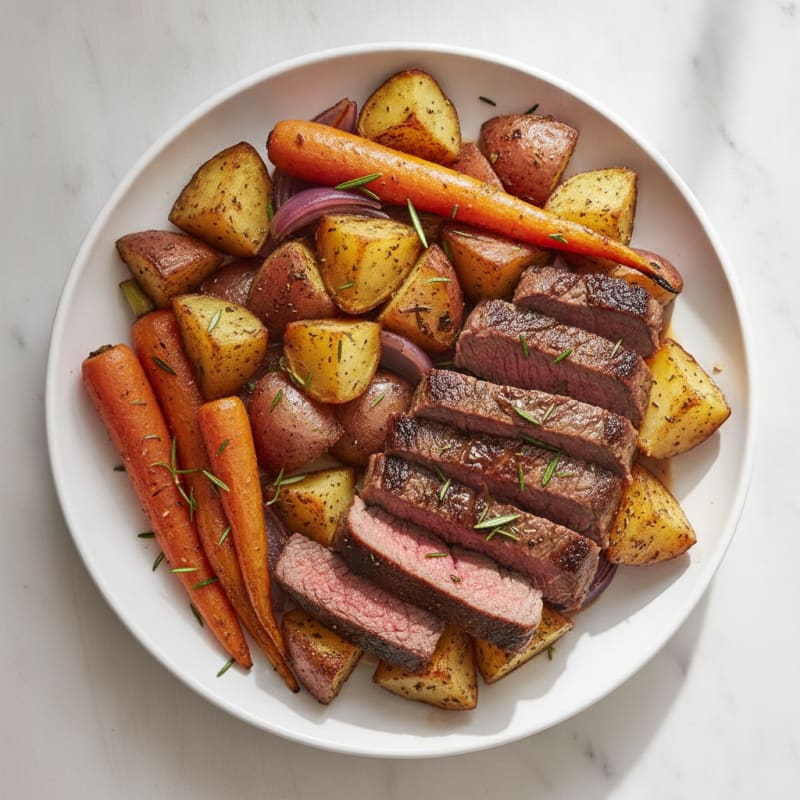 Seared Beef Strips with Roasted Carrots and Herb Potatoes