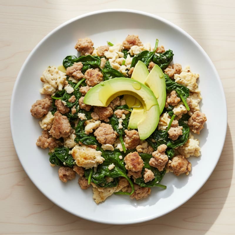 Egg White and Turkey Sausage Scramble with Sautéed Spinach