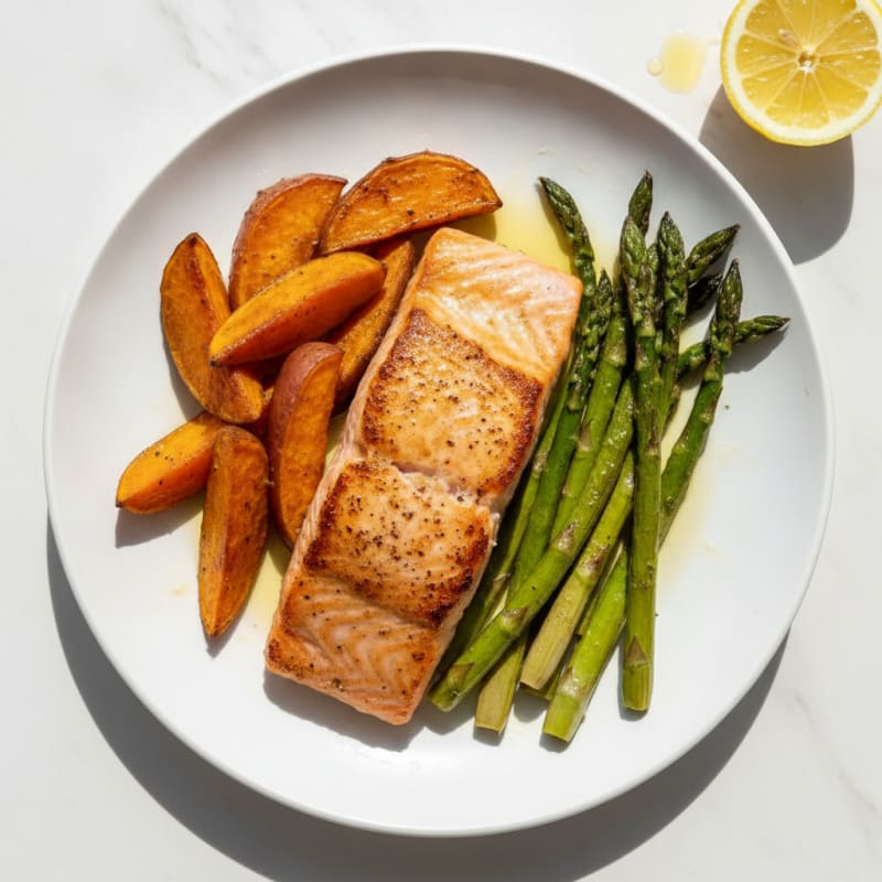 Seared Salmon with Roasted Sweet Potatoes and Asparagus