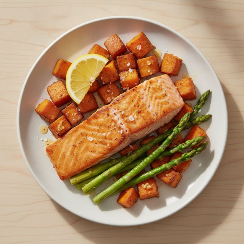 Seared Salmon with Roasted Sweet Potatoes and Asparagus