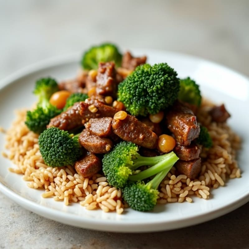Garlic Ginger Beef and Crispy Broccoli Stir-Fry with Brown Rice
