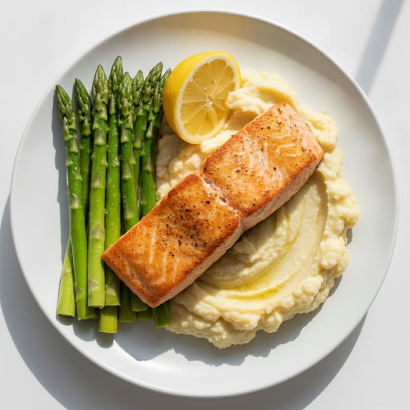 Seared Salmon with Steamed Asparagus and Garlic Mashed Cauliflower