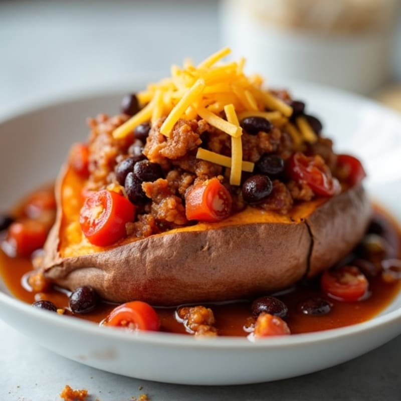Baked Sweet Potato with Hearty Turkey Chili and Sharp Cheddar