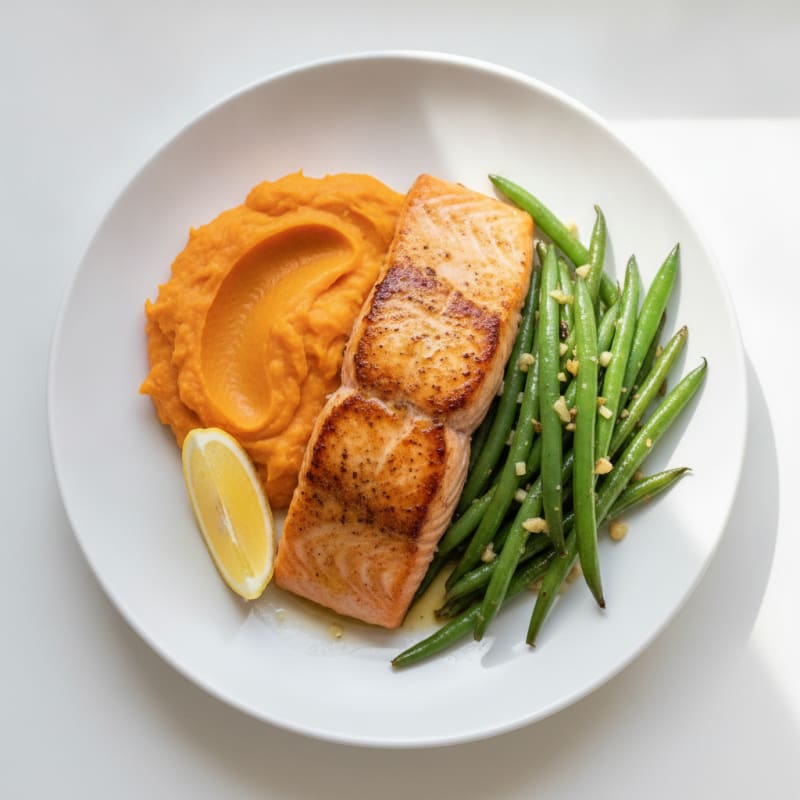 Seared Salmon Fillet with Garlic Green Beans and Sweet Potato Mash
