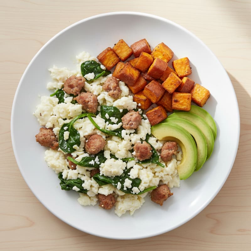 Egg White and Spinach Scramble with Turkey Sausage