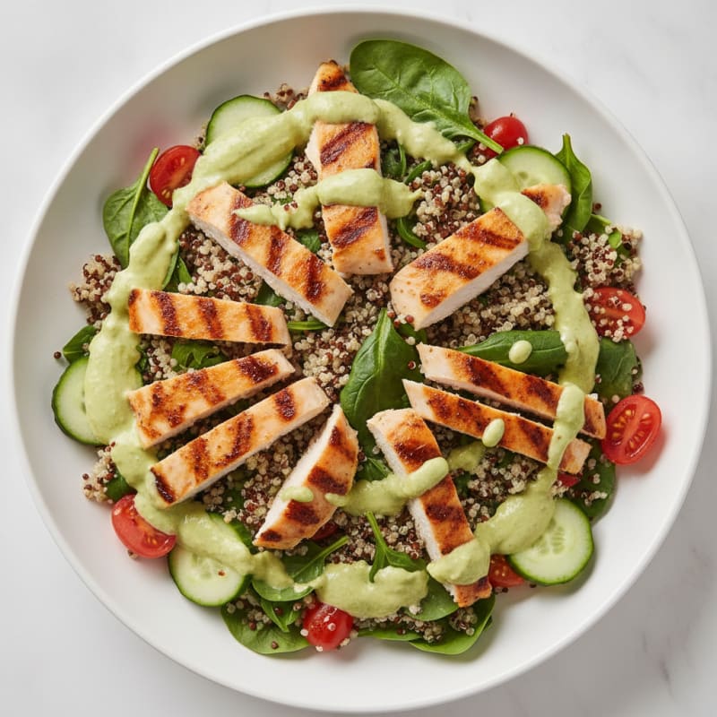 Grilled Chicken and Quinoa Power Salad with Creamy Avocado Dressing