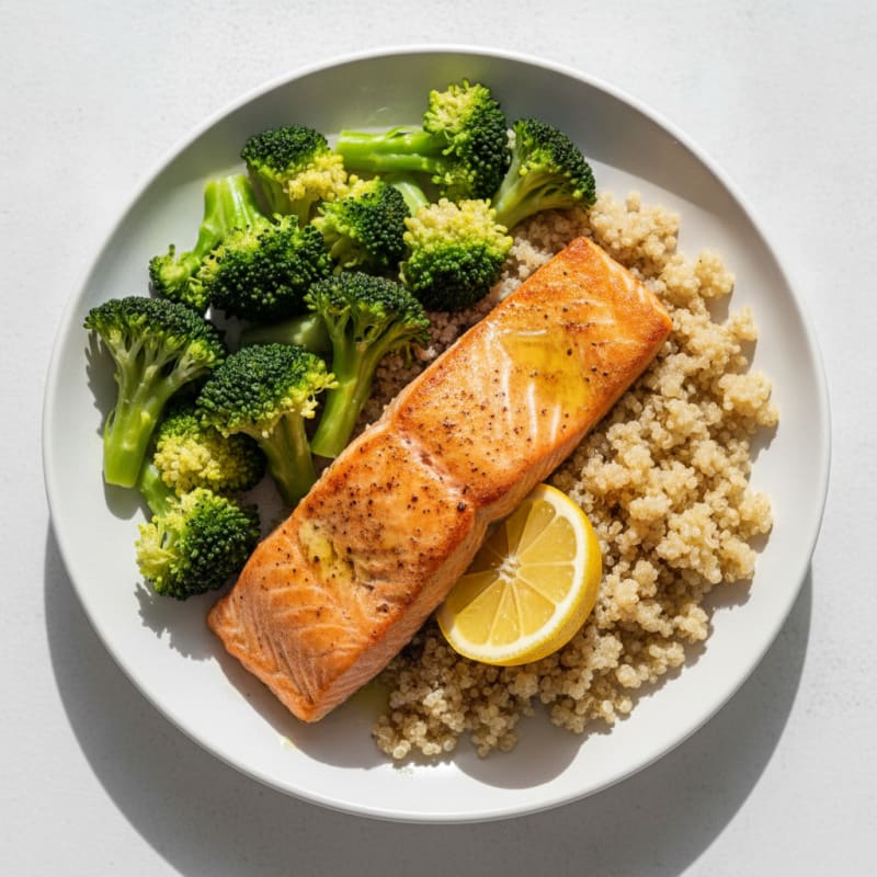 Seared Salmon with Steamed Broccoli and Quinoa