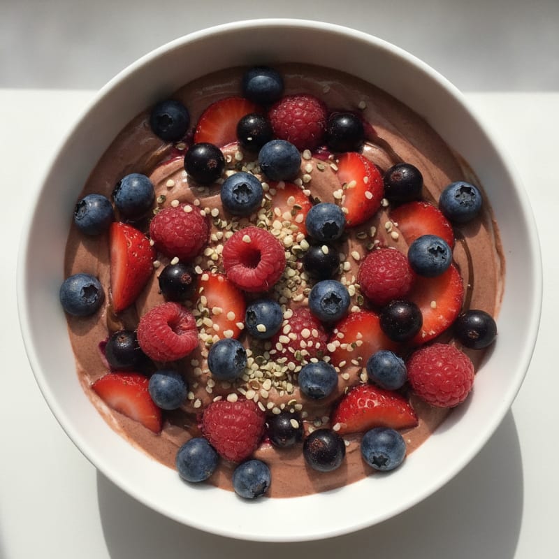 Vanilla Greek Yogurt with Chocolate Protein Powder and Mixed Berries
