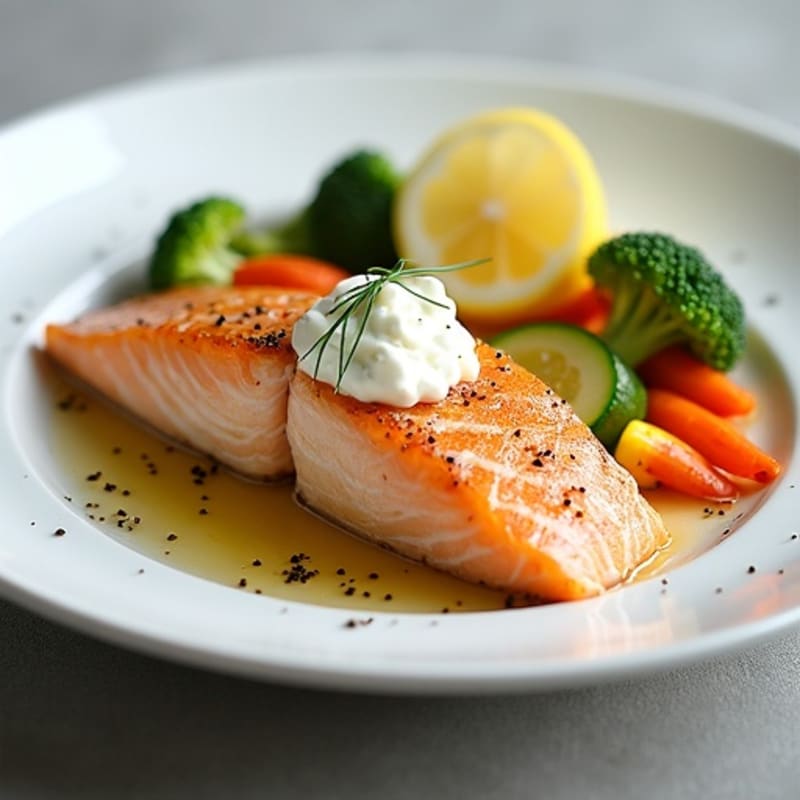 Steamed Salmon with Crunchy Mixed Veggies and Creamy Cottage Cheese