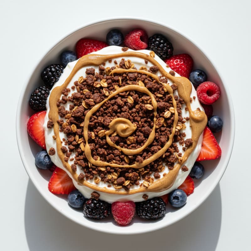 High-Protein Greek Yogurt Parfait with Mixed Berries and Chocolate Protein Crumble