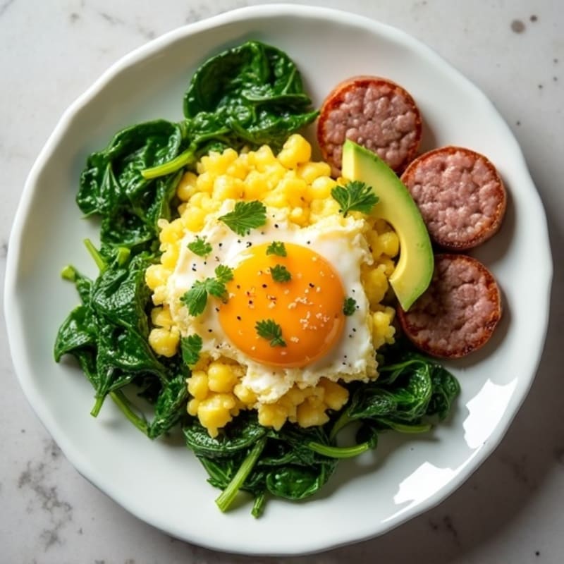Egg White and Turkey Sausage Scramble with Sautéed Spinach