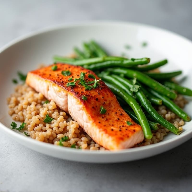 Seared Salmon Filet with Steamed Green Beans and Brown Rice