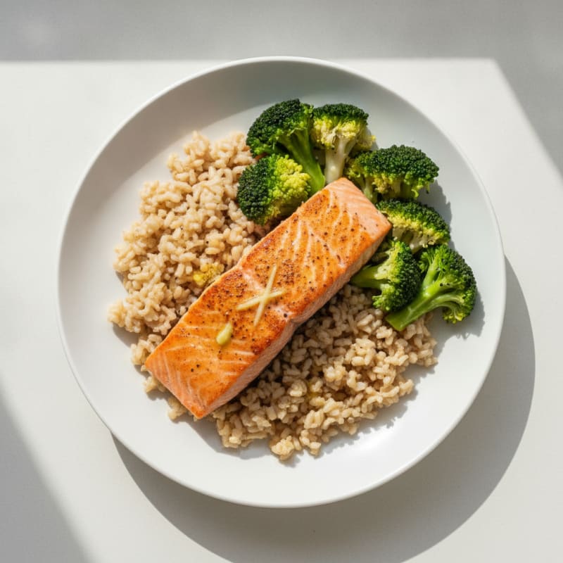 Seared Salmon with Steamed Broccoli and Brown Rice