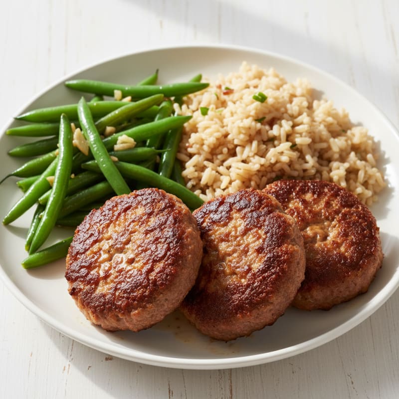 Crispy Hamburger Patties with Garlic Green Beans and Brown Rice