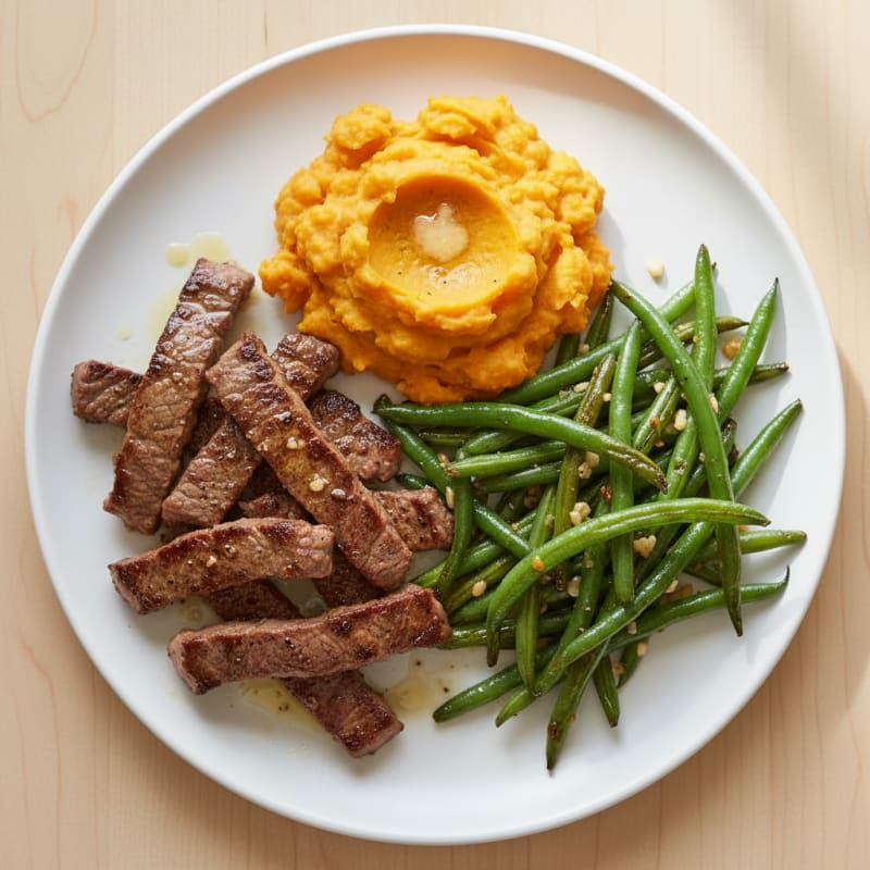 Seared Lean Beef Strips with Garlic Green Beans and Mashed Sweet Potato