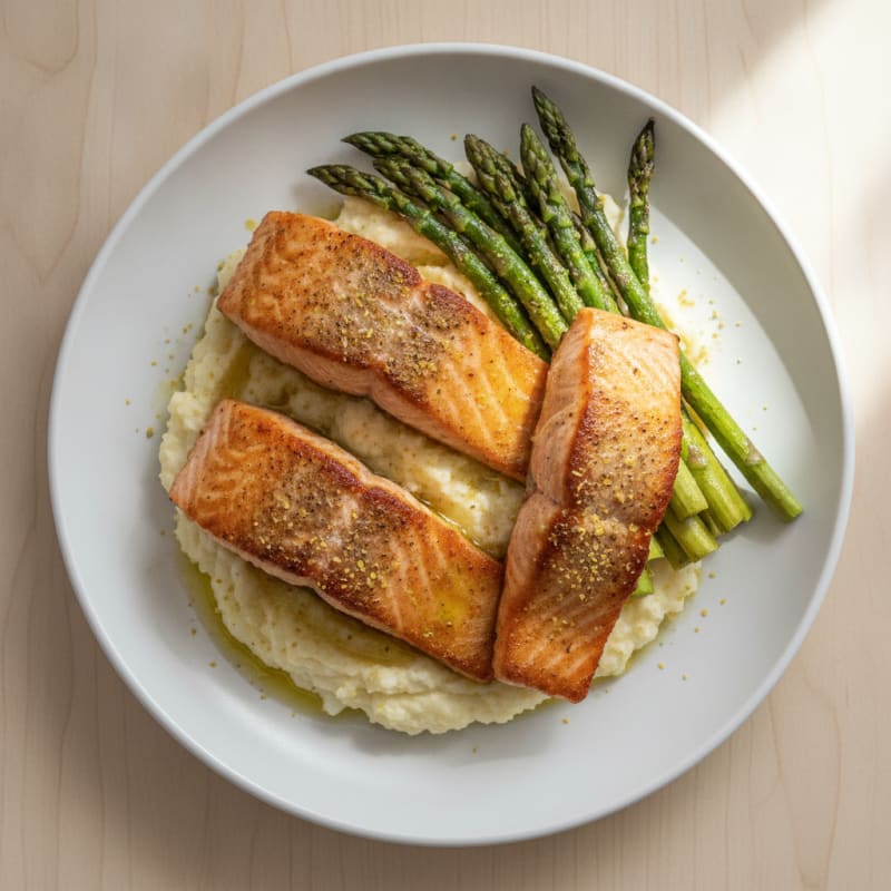 Seared Salmon with Roasted Asparagus and Cauliflower Mash