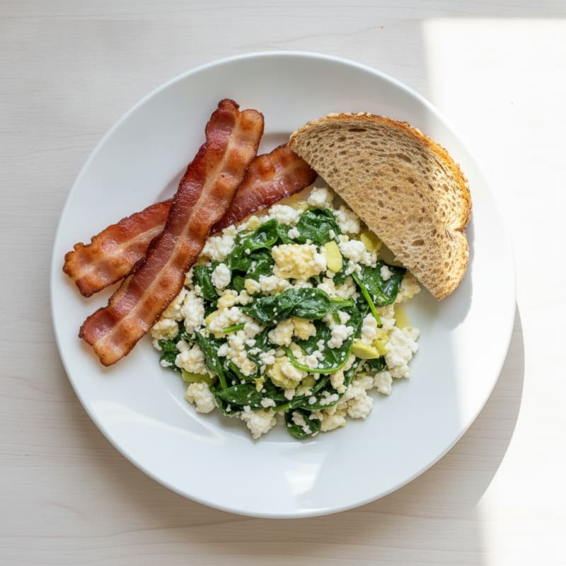 Egg White and Cottage Cheese Scramble with Spinach and Turkey Bacon