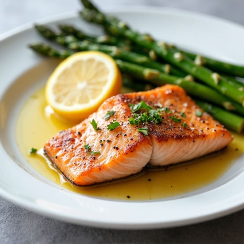 Seared Salmon with Roasted Asparagus and Lemon